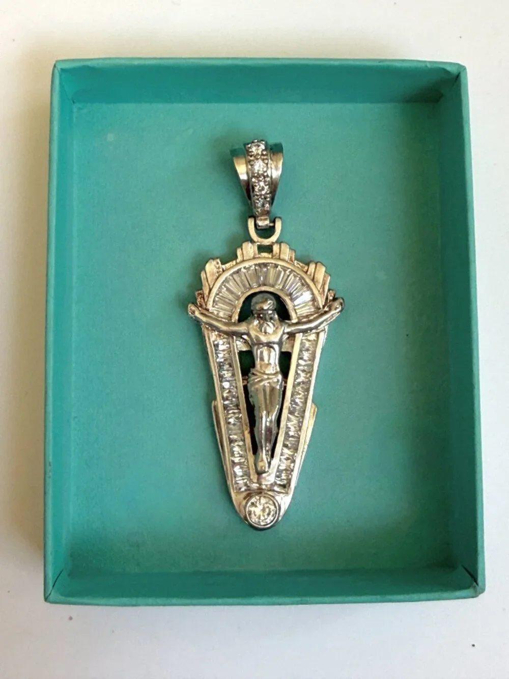 Vintage Large 925 Sterling Silver Jesus Crucifix Cross Pendant CZ Baguette